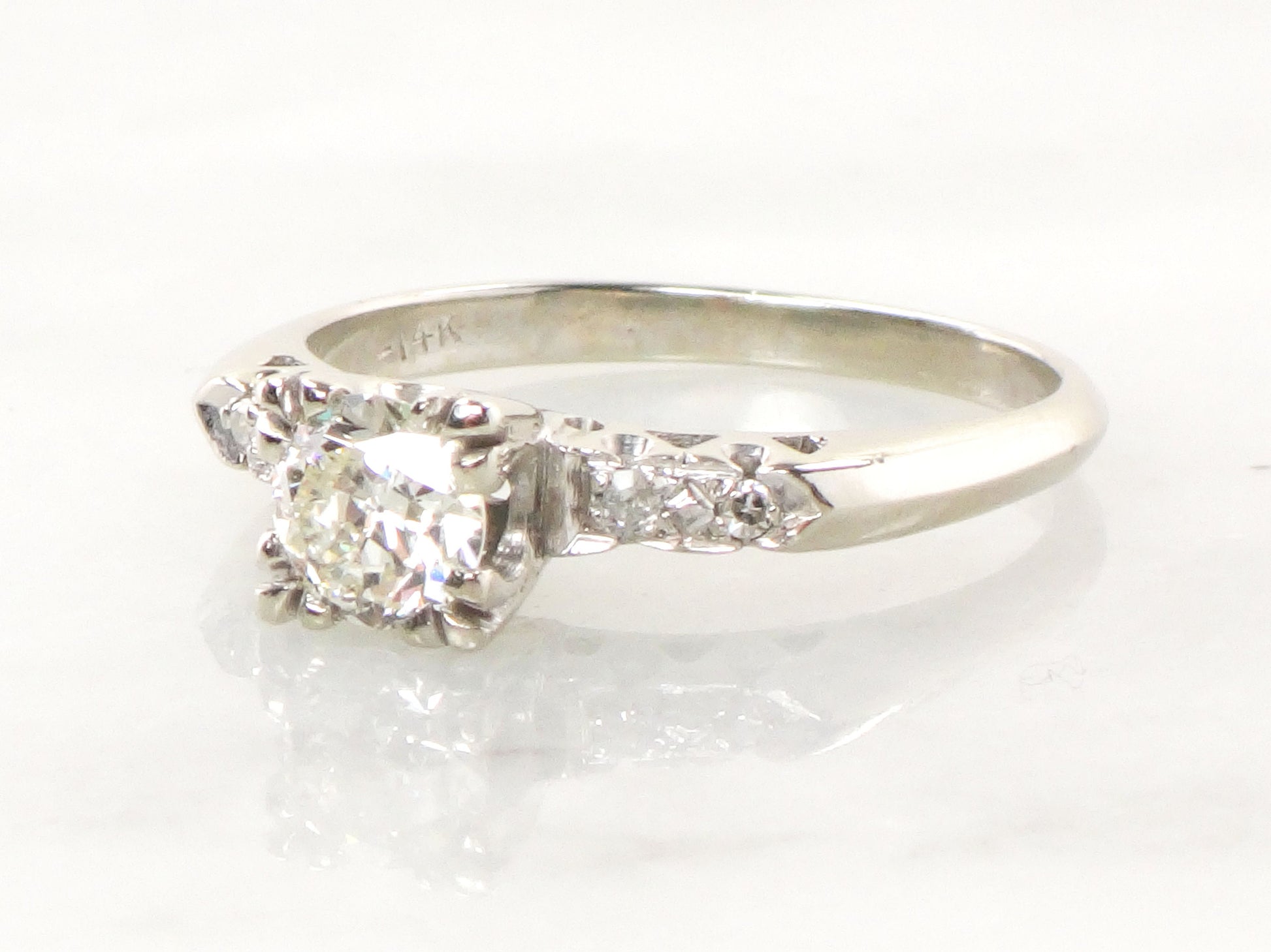 Vintage 14k White Gold Natural Diamond Engagement Ring Transitional European Cut Diamond - Size 8