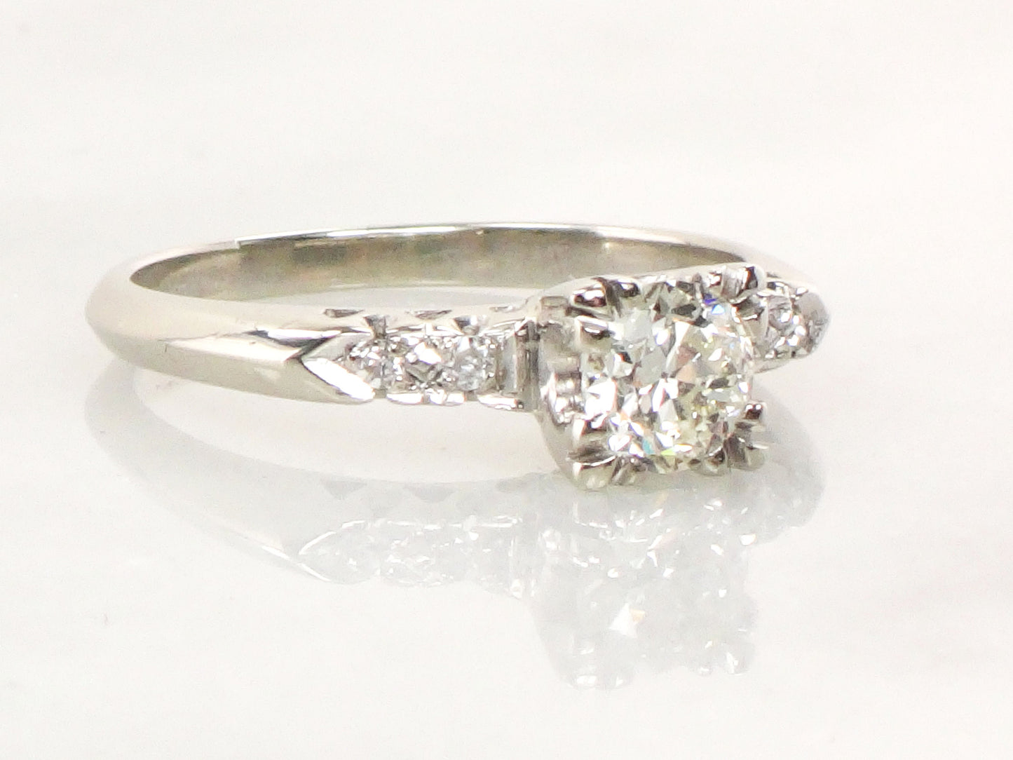 Vintage 14k White Gold Natural Diamond Engagement Ring Transitional European Cut Diamond - Size 8