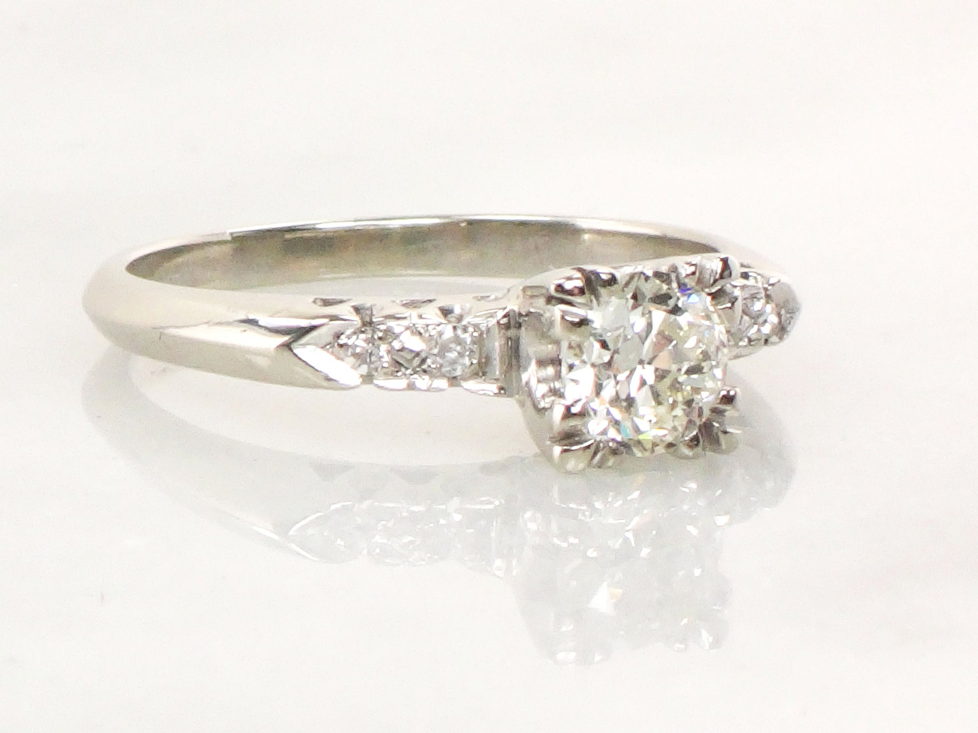 Vintage 14k White Gold Natural Diamond Engagement Ring Transitional European Cut Diamond - Size 8