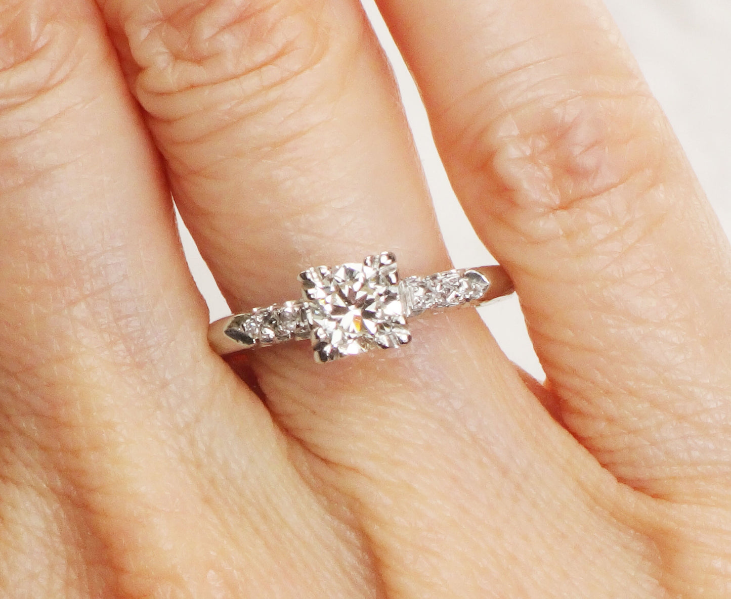 Vintage 14k White Gold Natural Diamond Engagement Ring Transitional European Cut Diamond - Size 8