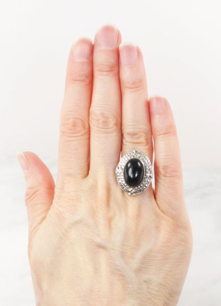 Vintage Art Deco Sterling Silver Marcasite Ring: Black Onyx, Size 3.75