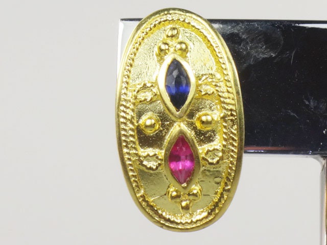 Vintage 22k Yellow Gold Etruscan Style Stud Earrings with Ruby & Sapphire Solid 22k Gold Earrings