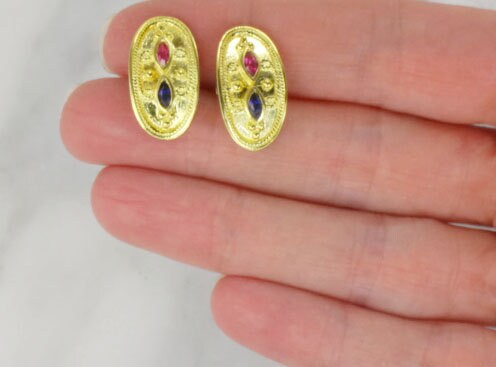 Vintage 22k Yellow Gold Etruscan Style Stud Earrings with Ruby & Sapphire Solid 22k Gold Earrings