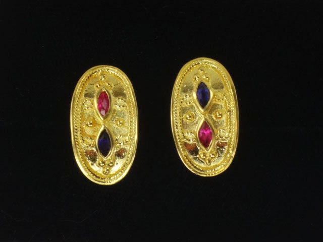 Vintage 22k Yellow Gold Etruscan Style Stud Earrings with Ruby & Sapphire Solid 22k Gold Earrings