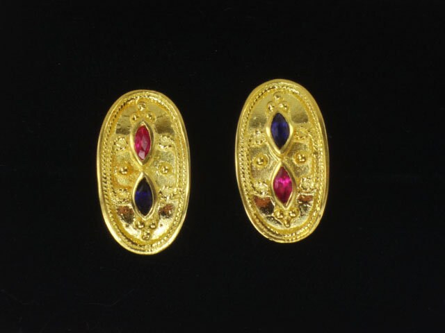 Vintage 22k Gold Etruscan Style Ruby Sapphire Stud Earrings