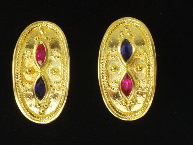 Vintage 22k Yellow Gold Etruscan Style Stud Earrings with Ruby & Sapphire Solid 22k Gold Earrings