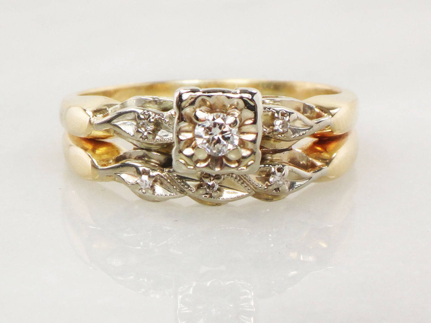 Vintage Diamond Engagement Ring Set: Attached 14k Gold Wedding Band, Size 8.25