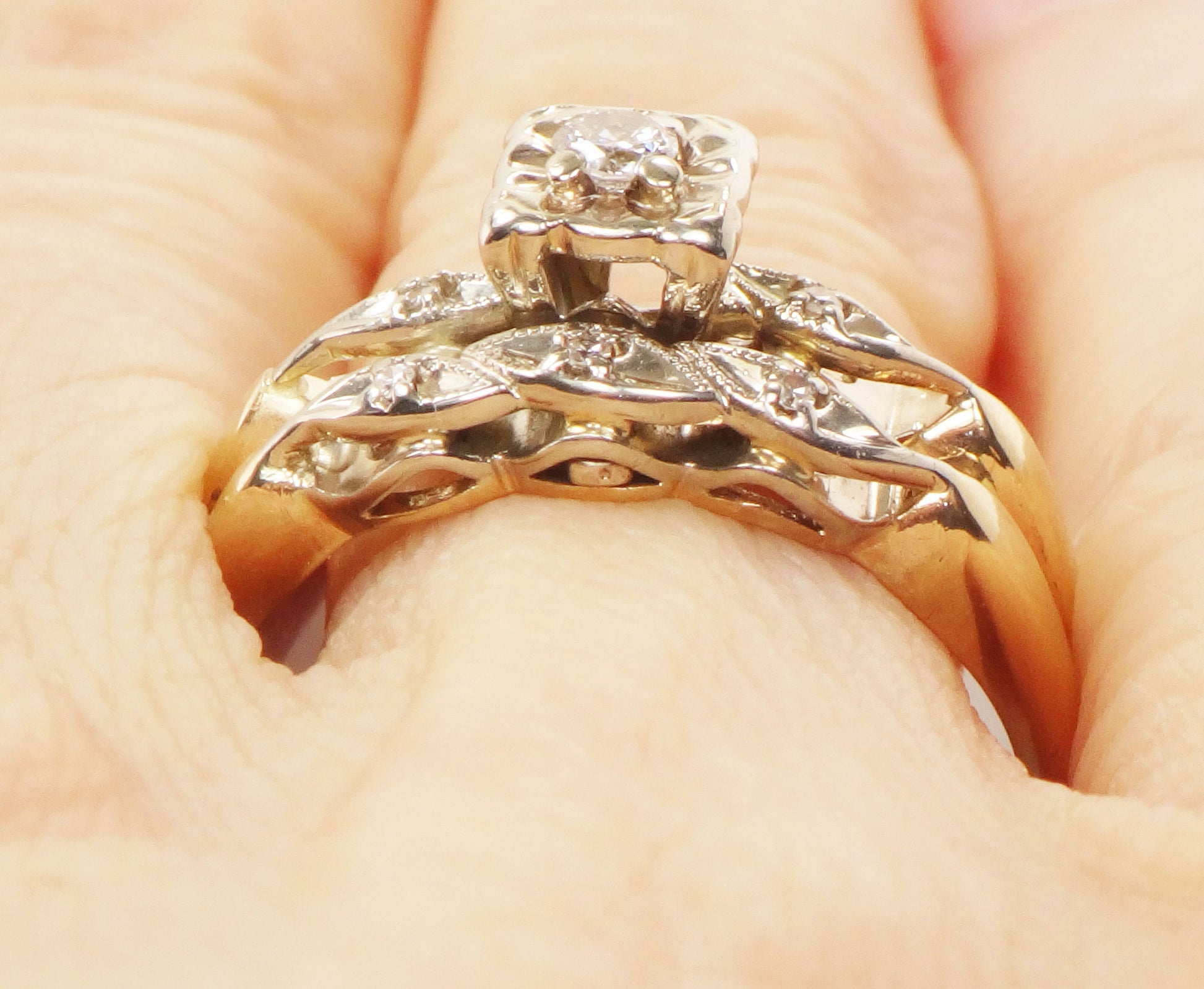 Vintage Diamond Engagement Ring Set: Attached 14k Gold Wedding Band, Size 8.25