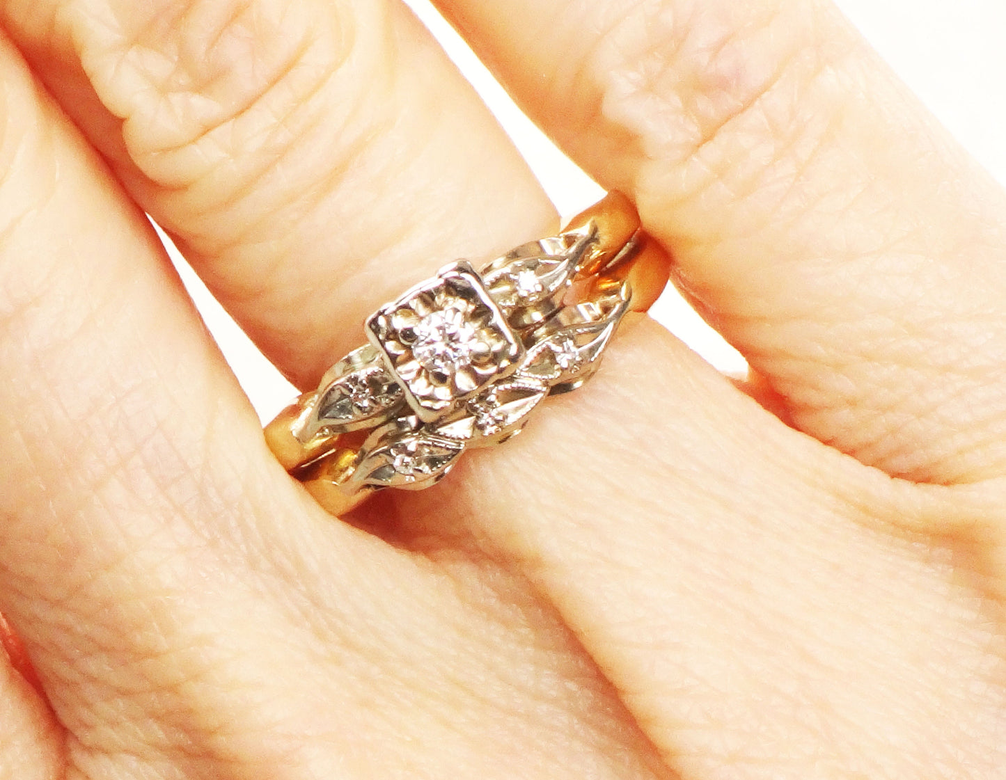 Vintage Diamond Engagement Ring Set: Attached 14k Gold Wedding Band, Size 8.25