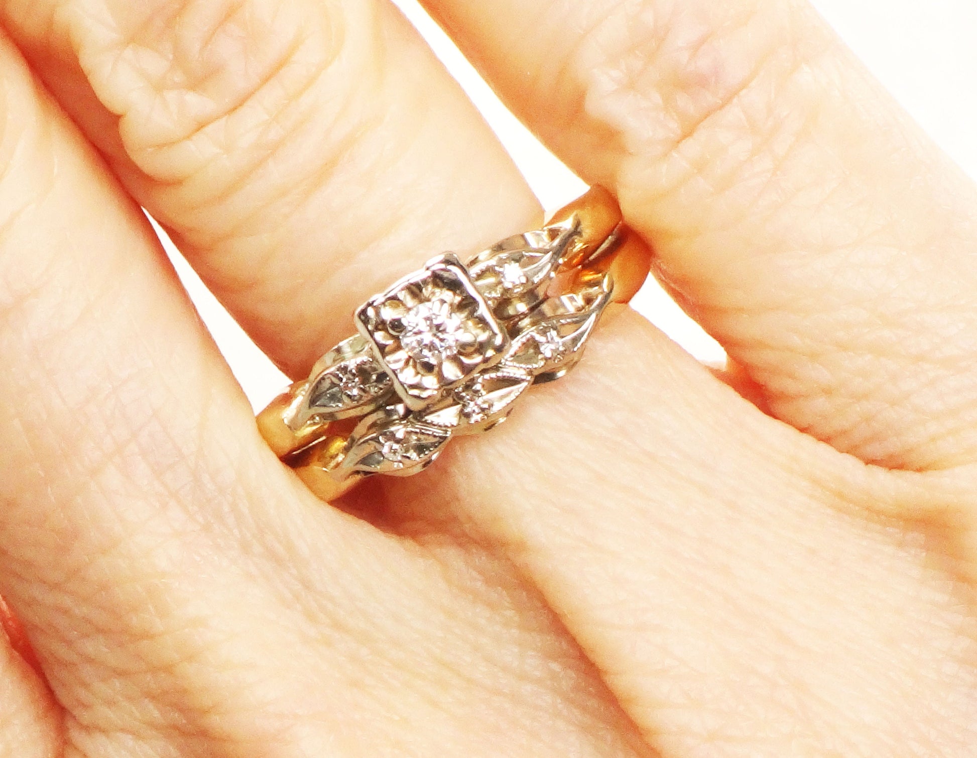 Vintage Diamond Engagement Ring Set: Attached 14k Gold Wedding Band, Size 8.25