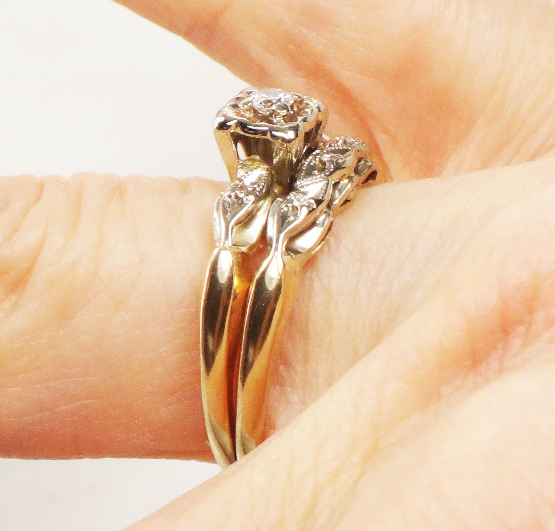 Vintage Diamond Engagement Ring Set: Attached 14k Gold Wedding Band, Size 8.25