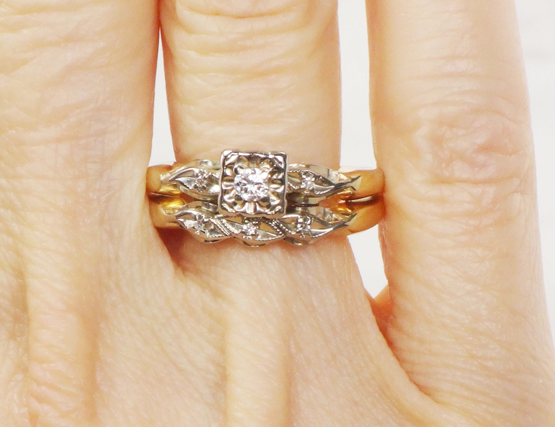 Vintage Diamond Engagement Ring Set: Attached 14k Gold Wedding Band, Size 8.25