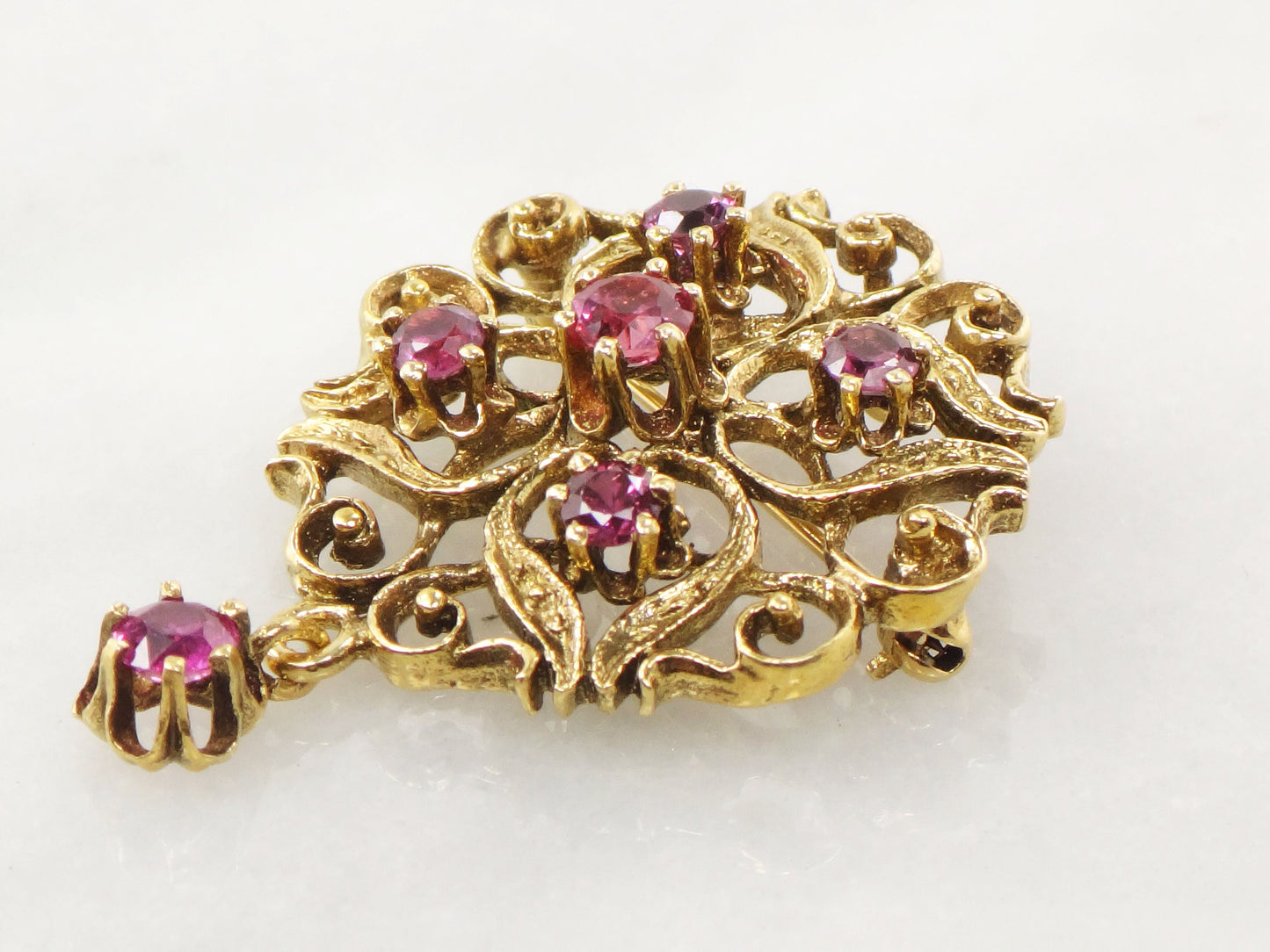 Vintage Large 14k Yellow Gold Ruby Pendant Pin - Red Stone Pendant with Dangle - July Birthstone Brooch