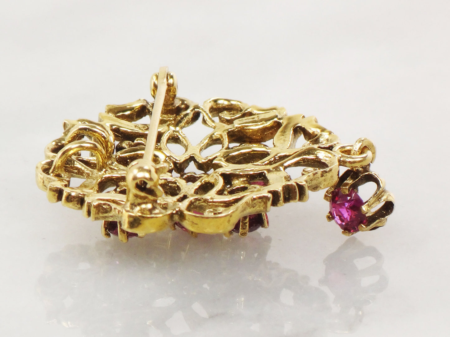 Vintage Large 14k Yellow Gold Ruby Pendant Pin - Red Stone Pendant with Dangle - July Birthstone Brooch