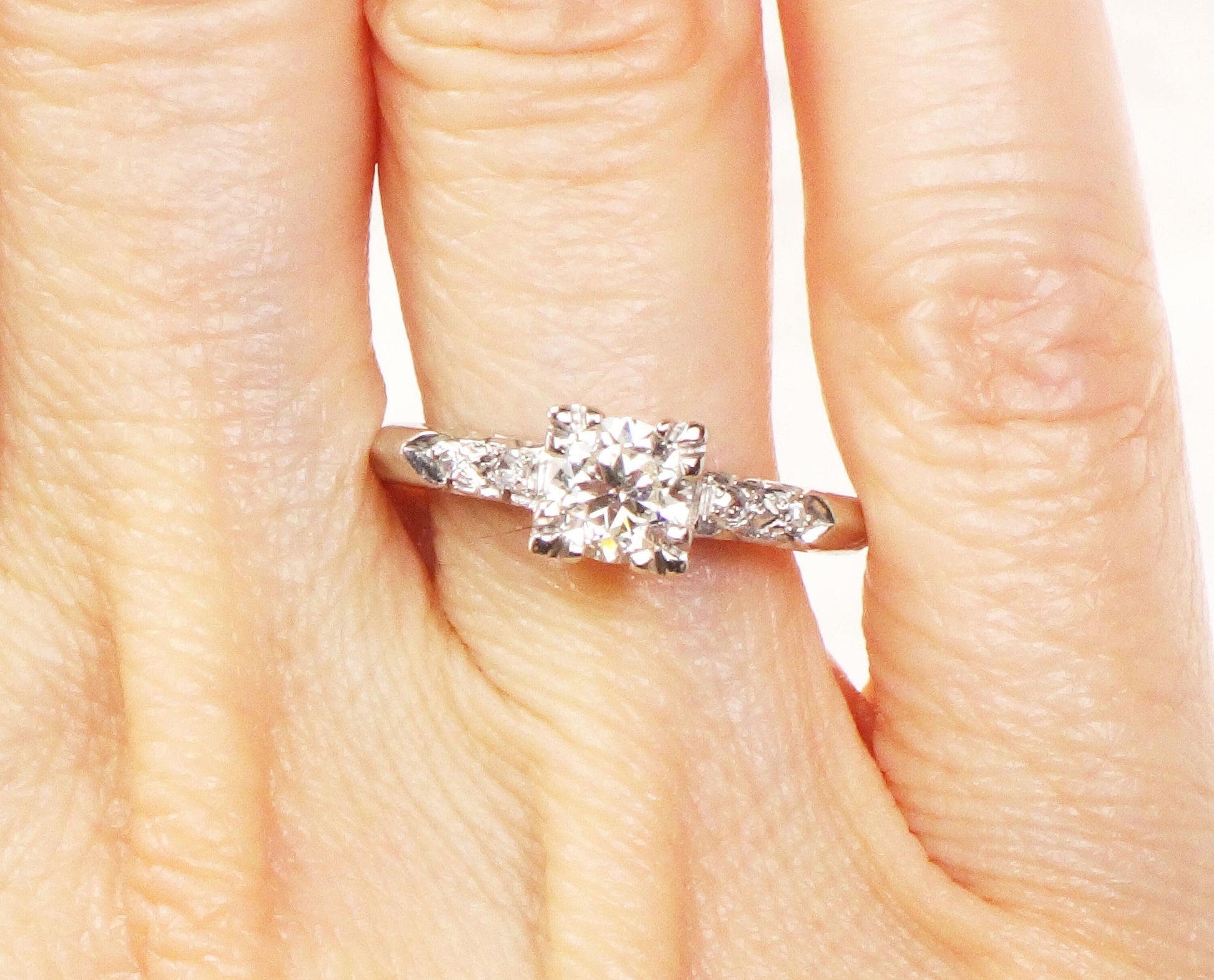 Vintage 14k White Gold Natural Diamond Engagement Ring Transitional European Cut Diamond - Size 8