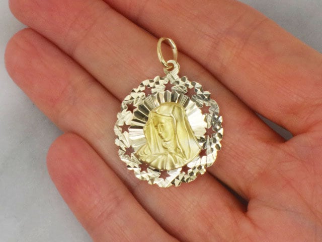 Vintage 18k Gold Virgin Mary Medal, Mother Mary Pendant, Catholic Religious Charm