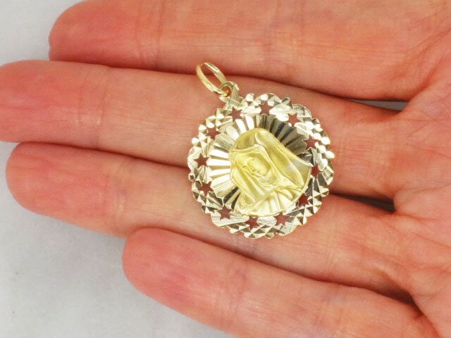 Vintage 18k Gold Virgin Mary Medal, Mother Mary Pendant, Catholic Religious Charm