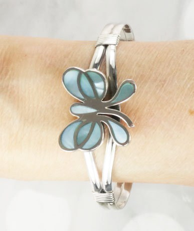 Sterling Silver Blue Mother of Pearl Butterfly Cuff Bracelet Vintage Silver Bracelet
