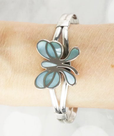 Vintage Sterling Silver Butterfly Cuff Bracelet: Blue Mother of Pearl Inlay