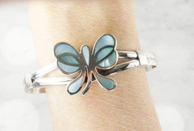 Sterling Silver Blue Mother of Pearl Butterfly Cuff Bracelet Vintage Silver Bracelet