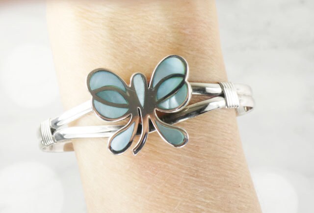 Vintage Sterling Silver Butterfly Cuff Bracelet: Blue Mother of Pearl Inlay