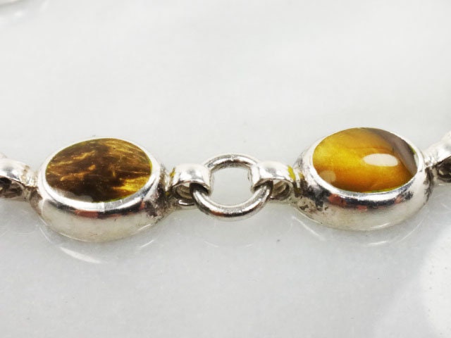 Vintage Sterling Silver Tiger Eye Bracelet, Mexico 925 Natural Stone Bracelet 8"