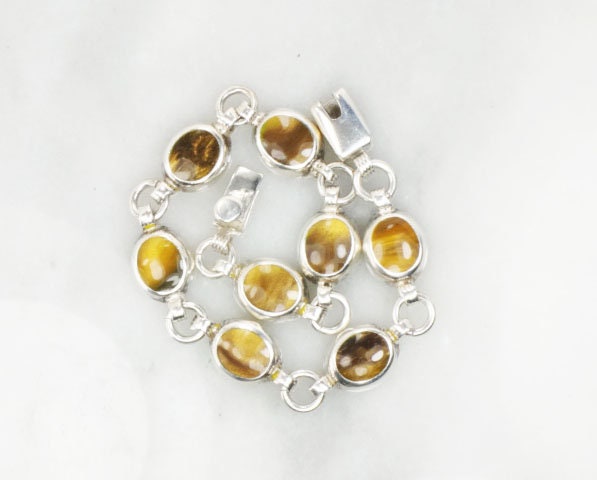 Vintage Sterling Silver Tiger Eye Bracelet, Mexico 925 Natural Stone Bracelet 8"