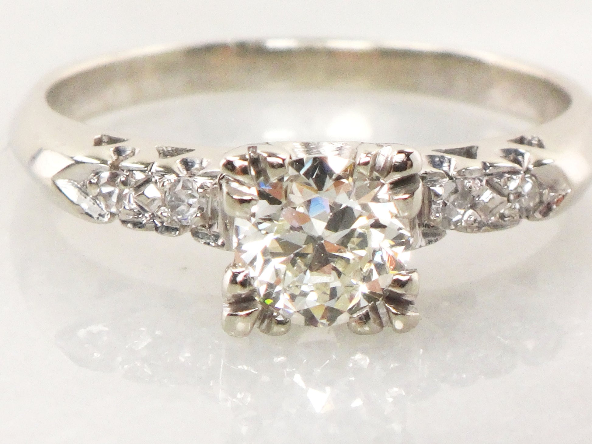 Vintage 14k White Gold Natural Diamond Engagement Ring Transitional European Cut Diamond - Size 8