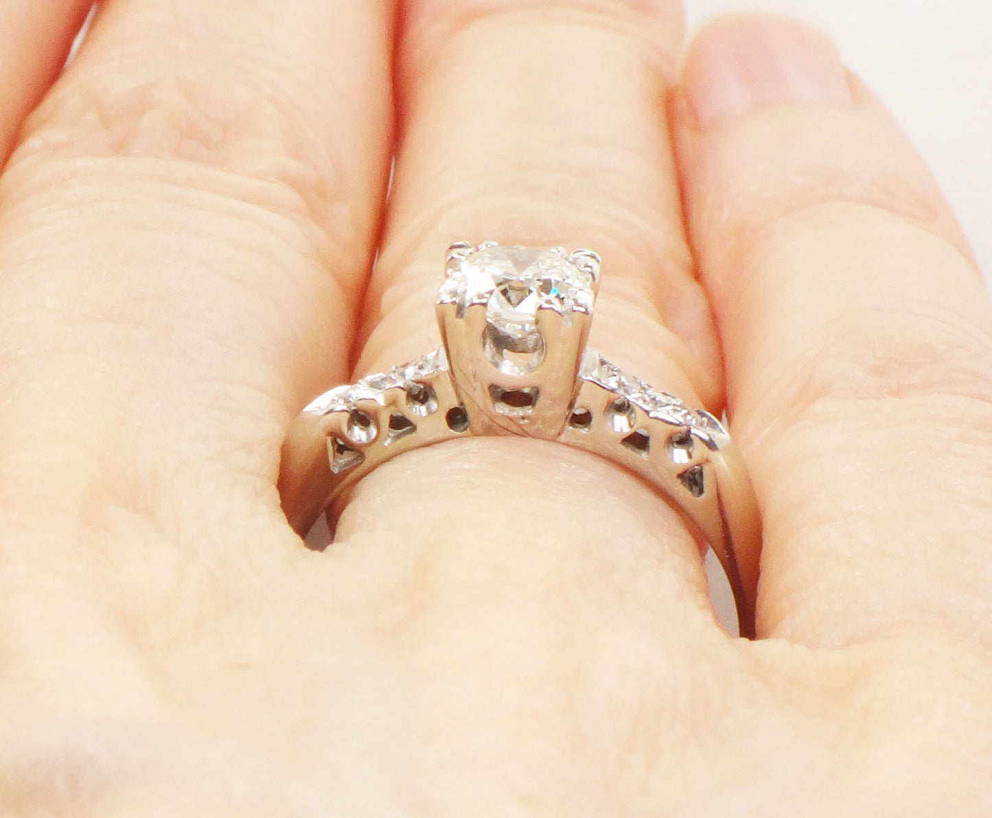 Vintage 14k White Gold Natural Diamond Engagement Ring Transitional European Cut Diamond - Size 8