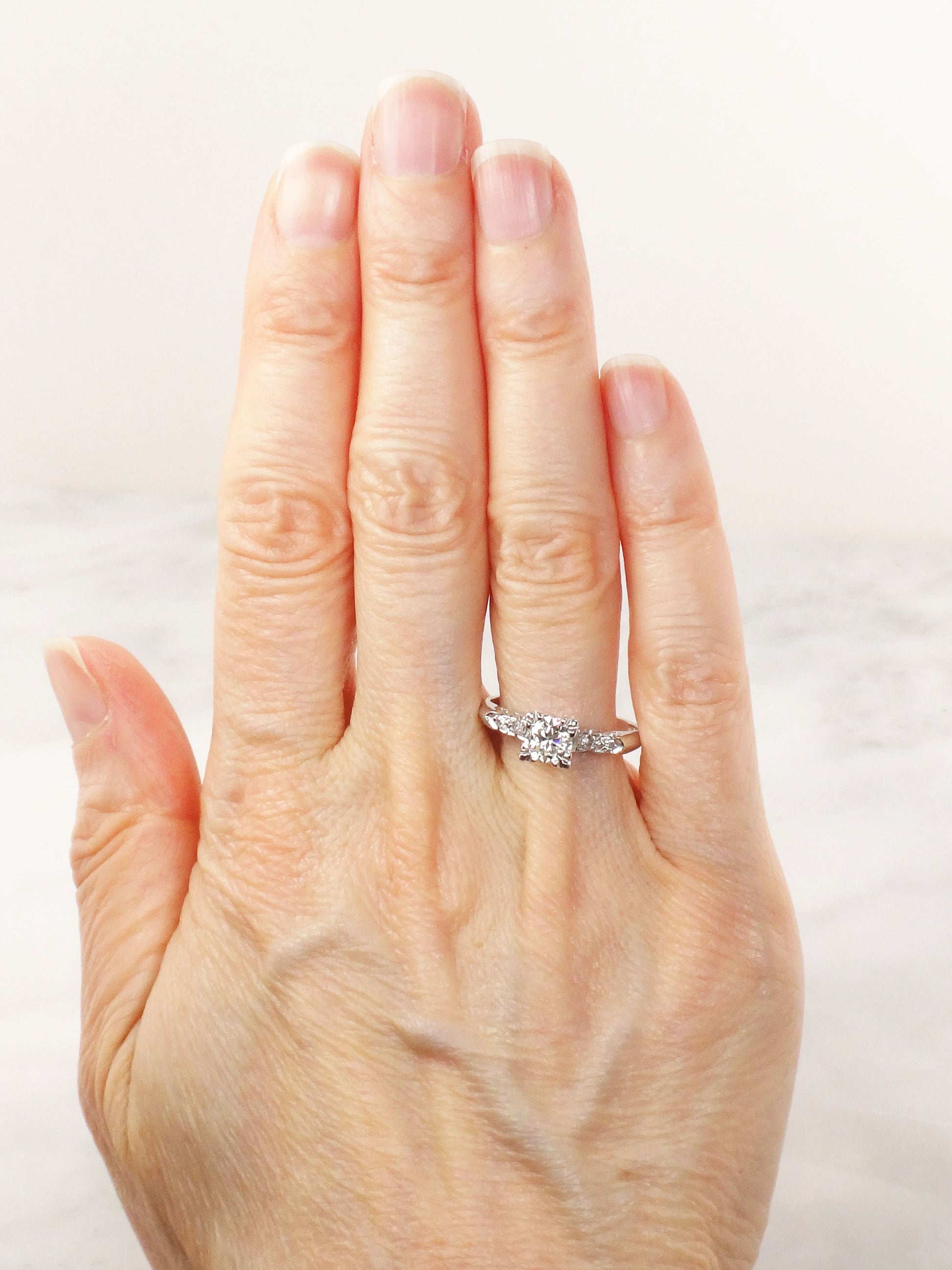 Vintage 14k White Gold Natural Diamond Engagement Ring Transitional European Cut Diamond - Size 8