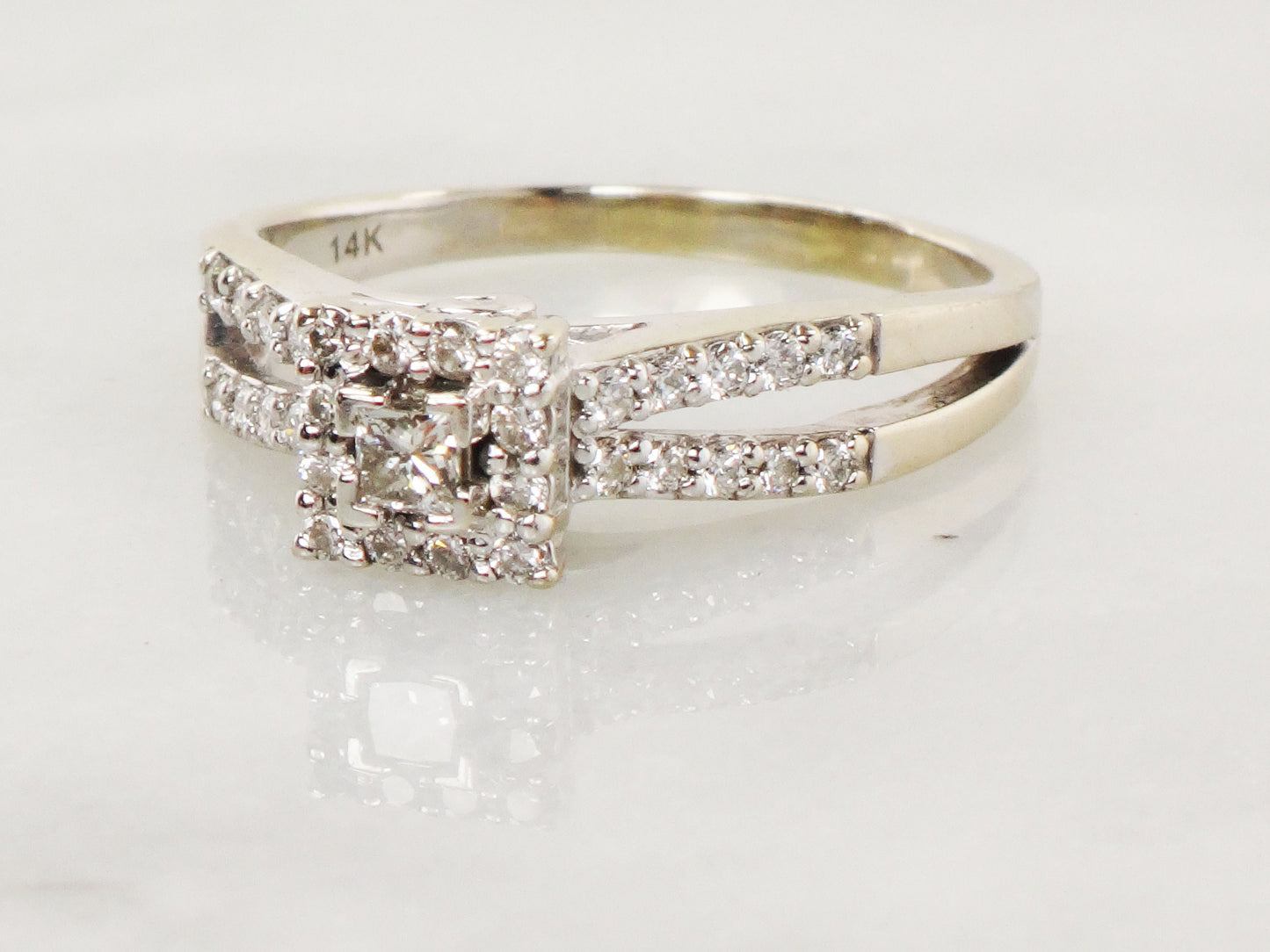 Vintage 14k Princess Cut Natural Diamond Engagement Ring White Gold Square Diamond Halo Ring Approx 1/2 CT TDW Size 9