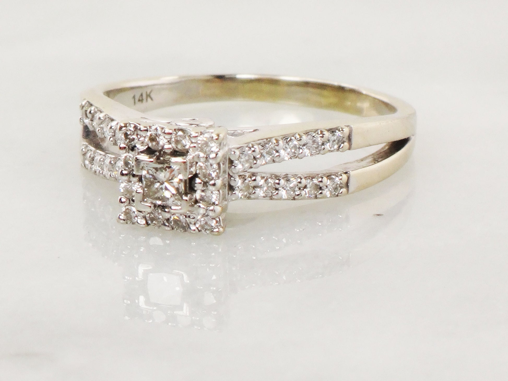 Vintage 14k Princess Cut Natural Diamond Engagement Ring White Gold Square Diamond Halo Ring Approx 1/2 CT TDW Size 9