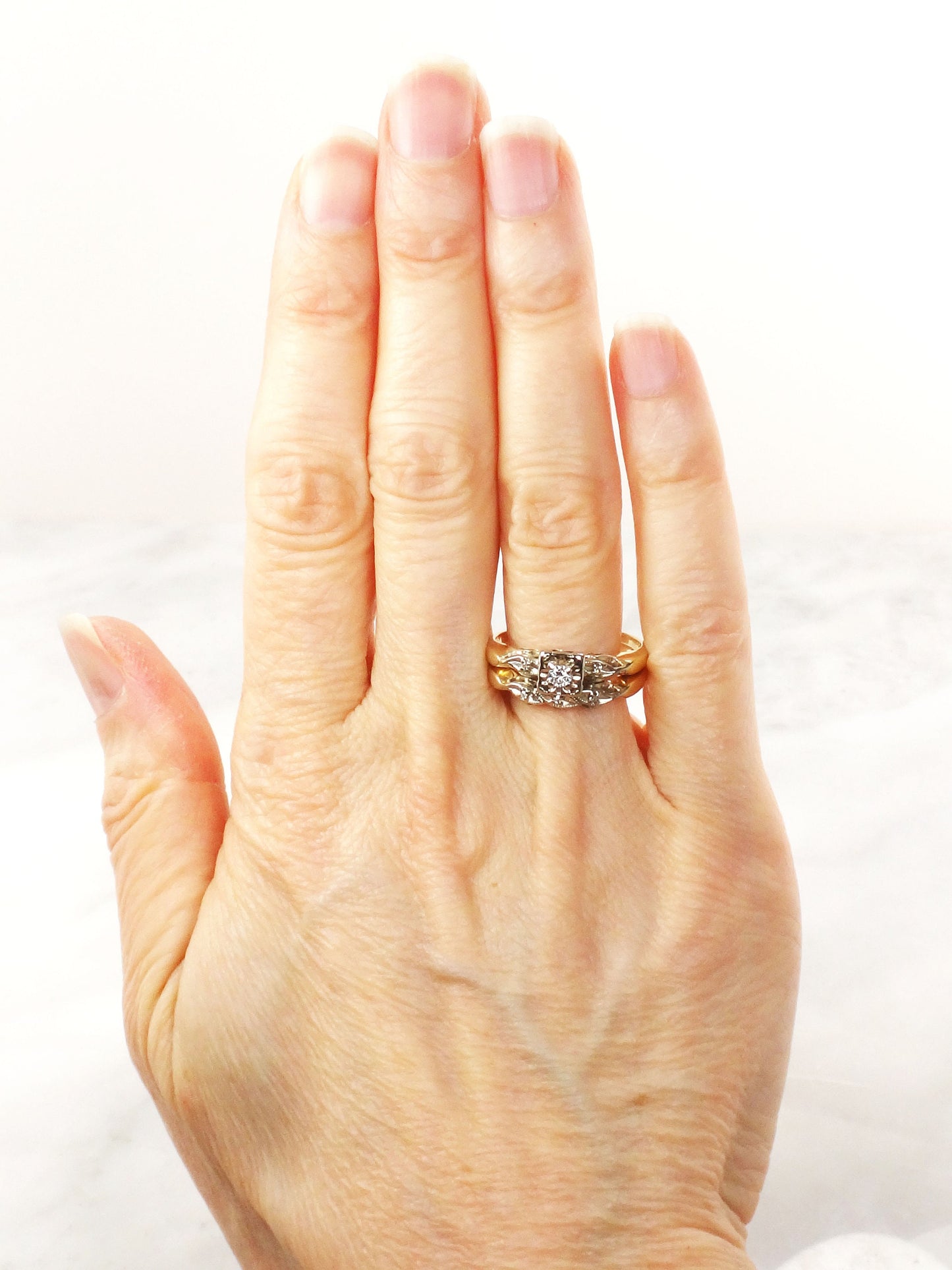 Vintage Diamond Engagement Ring Set: Attached 14k Gold Wedding Band, Size 8.25