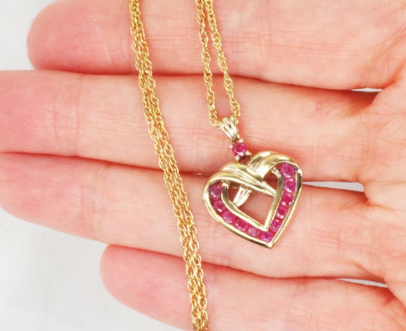 Vintage Gold Plated Sterling Silver Natural Ruby Heart Necklace Heart Pendant and Chain 19" - Vermeil Ruby Necklace
