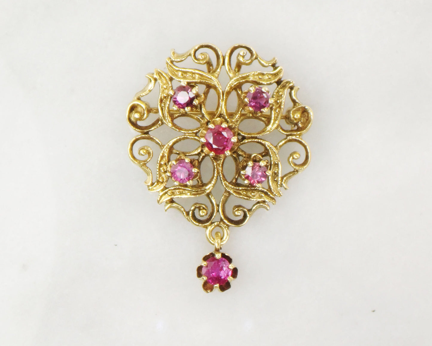 Vintage Large 14k Yellow Gold Ruby Pendant Pin - Red Stone Pendant with Dangle - July Birthstone Brooch