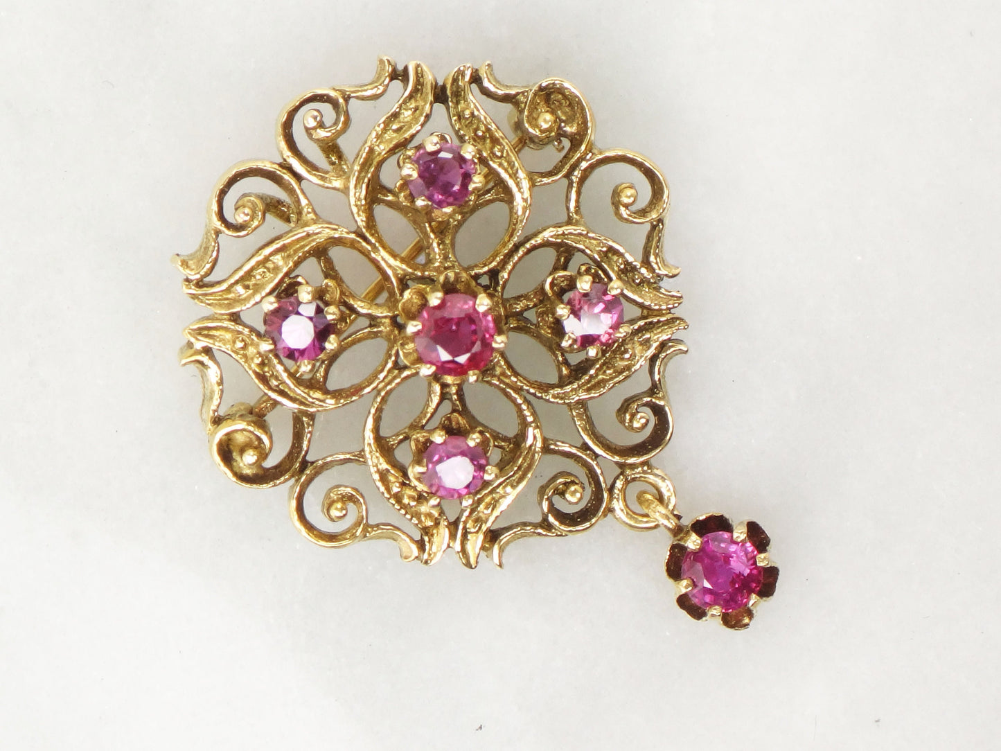 Vintage Large 14k Yellow Gold Ruby Pendant Pin - Red Stone Pendant with Dangle - July Birthstone Brooch