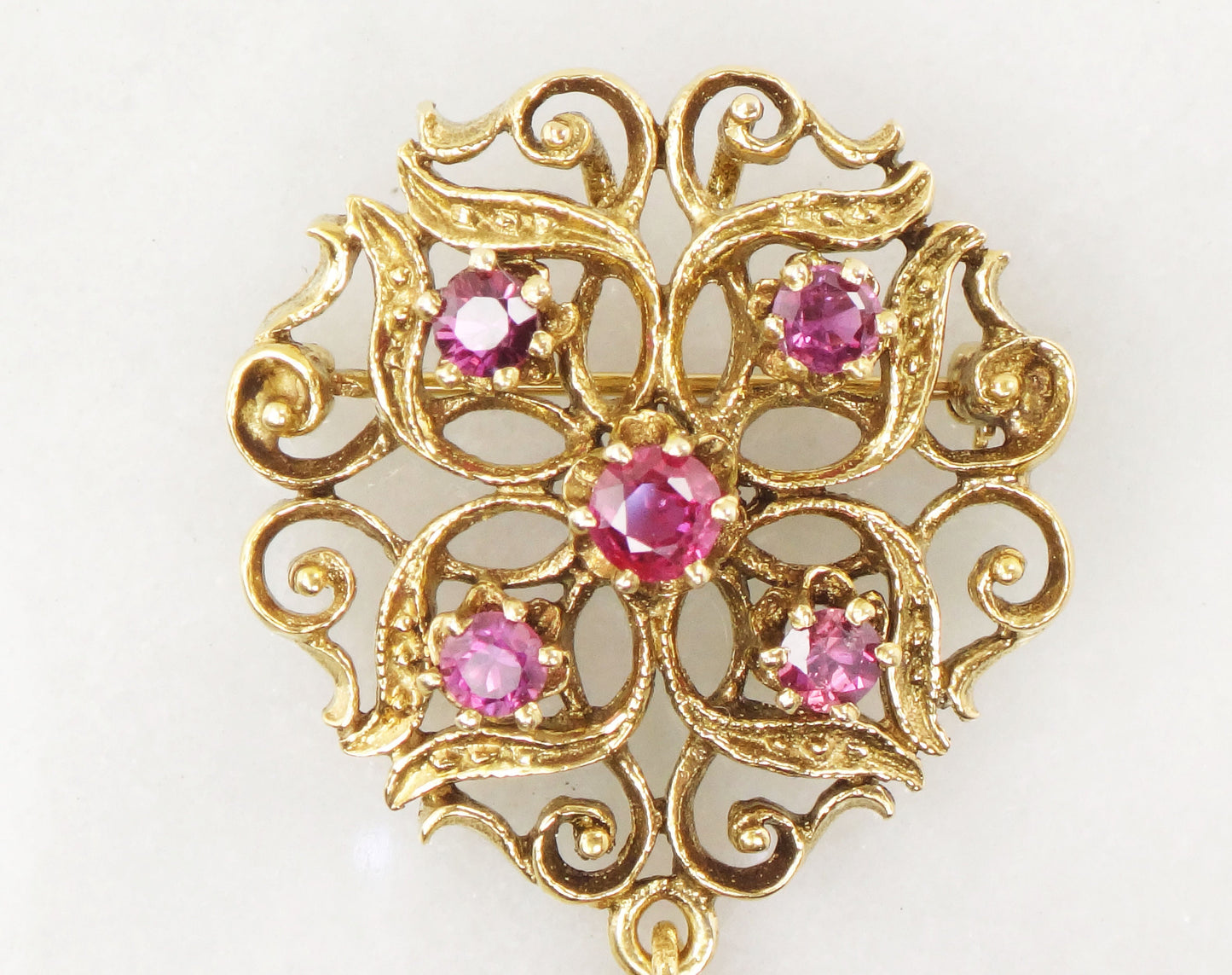Vintage Large 14k Yellow Gold Ruby Pendant Pin - Red Stone Pendant with Dangle - July Birthstone Brooch