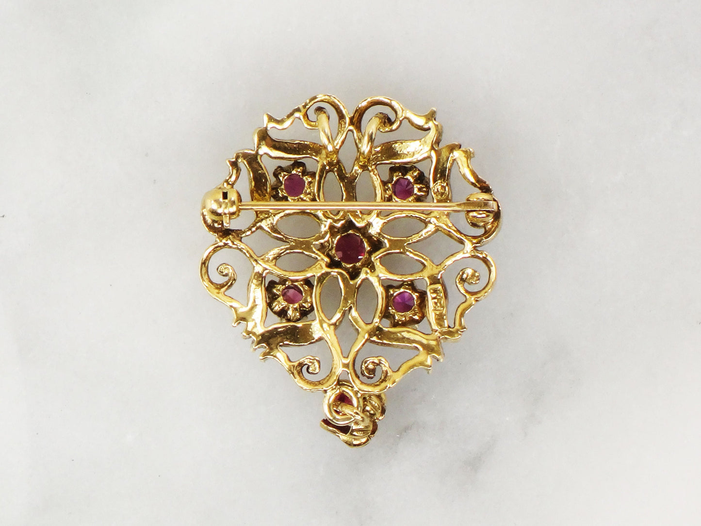 Vintage Large 14k Yellow Gold Ruby Pendant Pin - Red Stone Pendant with Dangle - July Birthstone Brooch