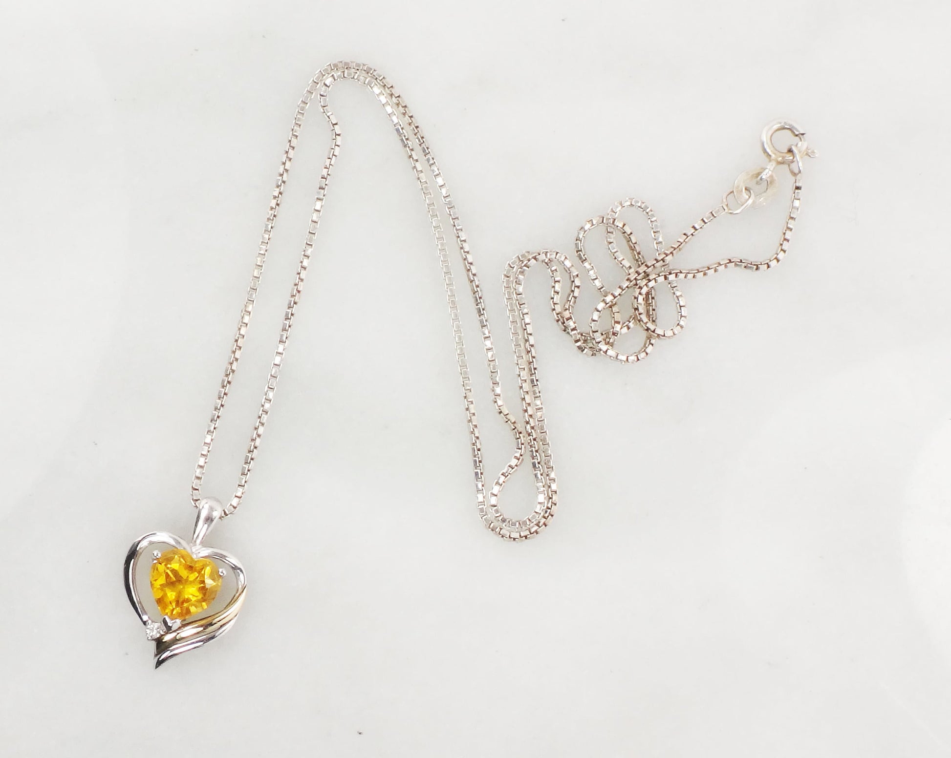 Vintage Sterling Silver 14k Gold Citrine and Diamond Heart Pendant Necklace