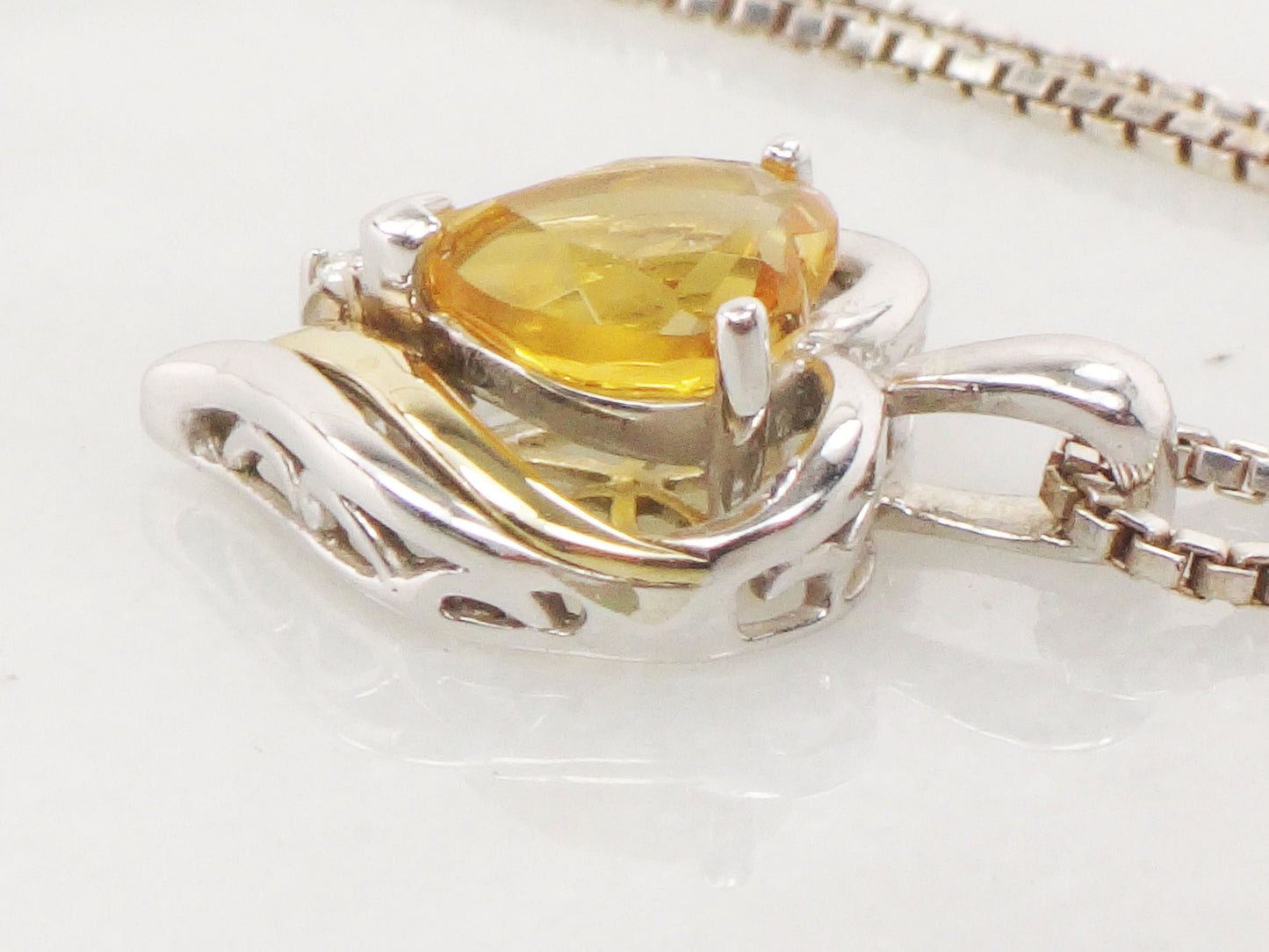 Vintage Sterling Silver & 14k Gold Citrine and Diamond Pendant Necklace, Silver and Gold Heart Necklace, 18" Box Chain