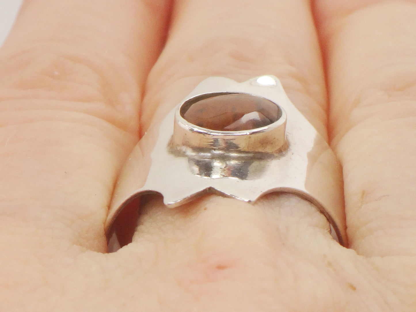 Modernist 950 Silver Ring: Brown Stone Wide Band, Size 9 1/2