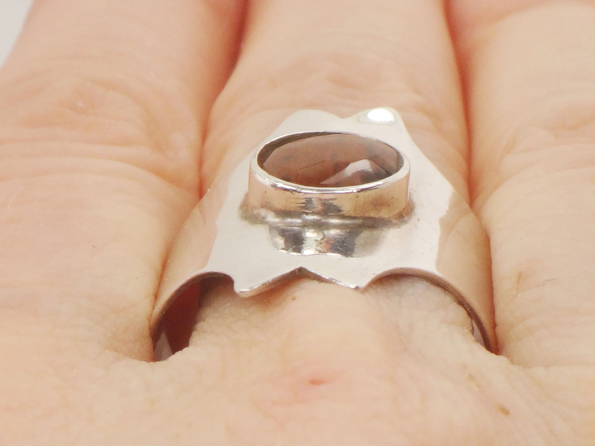 Modernist 950 Silver Ring: Brown Stone Wide Band, Size 9 1/2