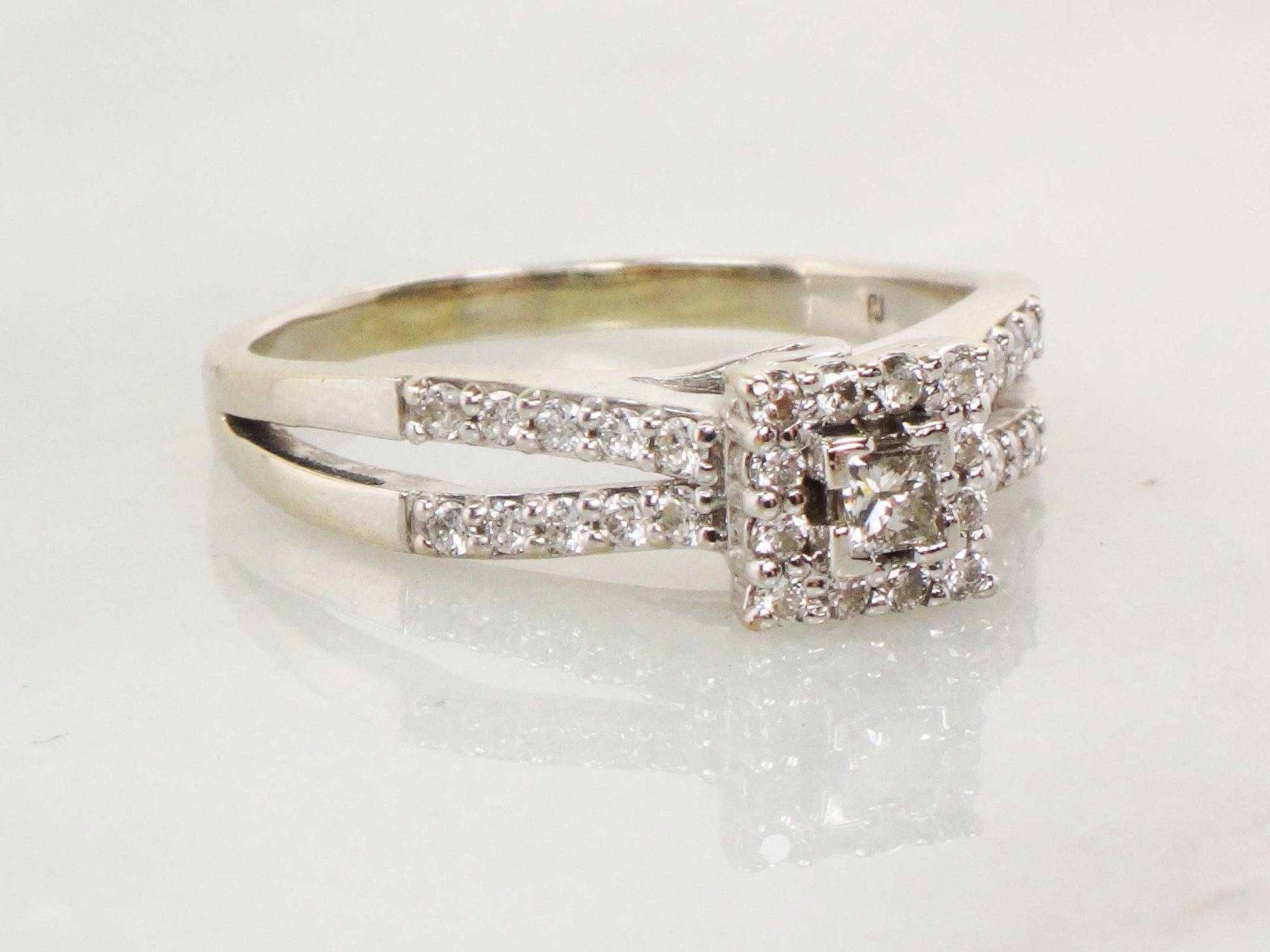 Vintage 14k Princess Cut Natural Diamond Engagement Ring White Gold Square Diamond Halo Ring Approx 1/2 CT TDW Size 9