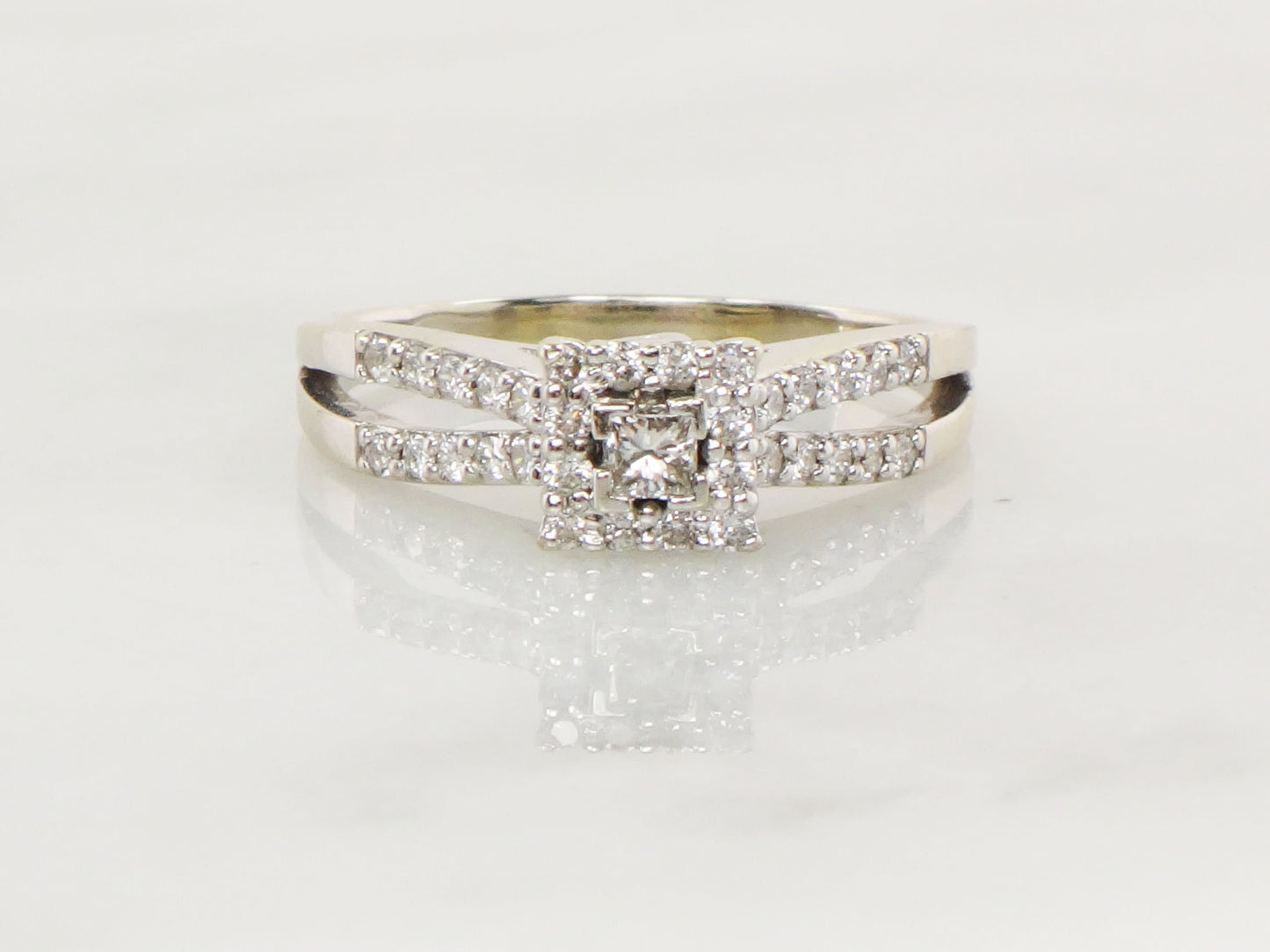 Vintage 14k Princess Cut Natural Diamond Engagement Ring White Gold Square Diamond Halo Ring Approx 1/2 CT TDW Size 9