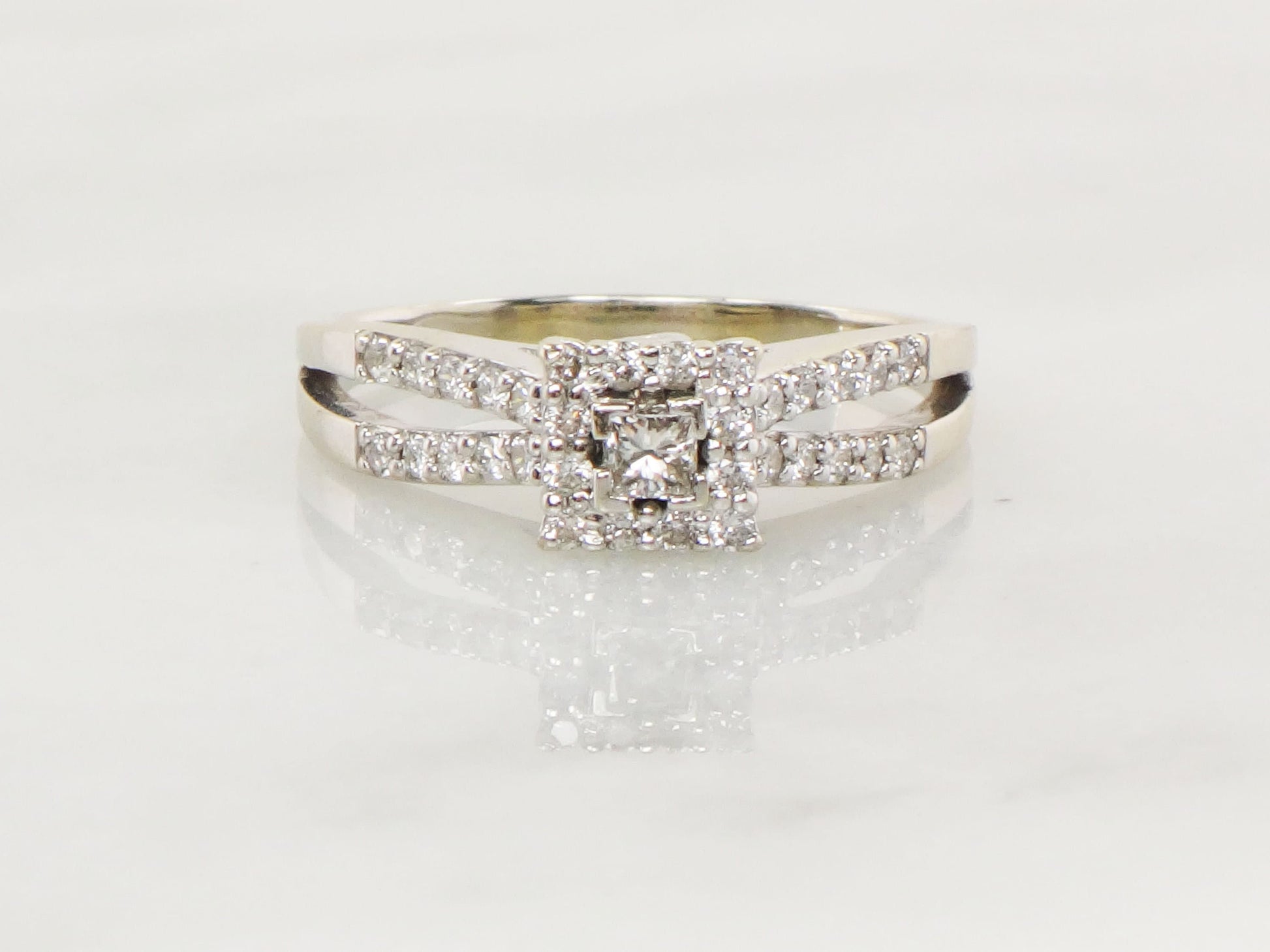 Vintage 14k Princess Cut Natural Diamond Engagement Ring White Gold Square Diamond Halo Ring Approx 1/2 CT TDW Size 9