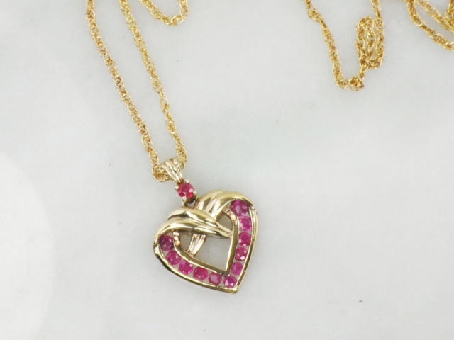Vintage Gold Plated Sterling Silver Natural Ruby Heart Necklace Heart Pendant and Chain 19" - Vermeil Ruby Necklace