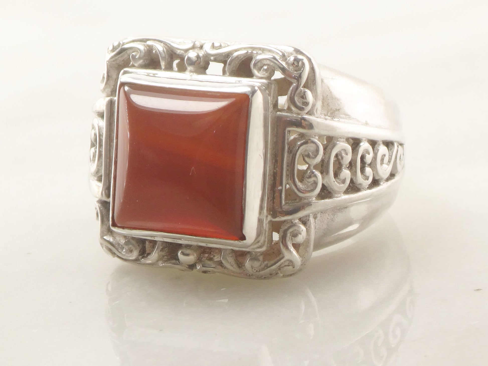 Vintage Large Sterling Silver Carnelian Ring Scroll Design Orange Stone Ring - Size 8