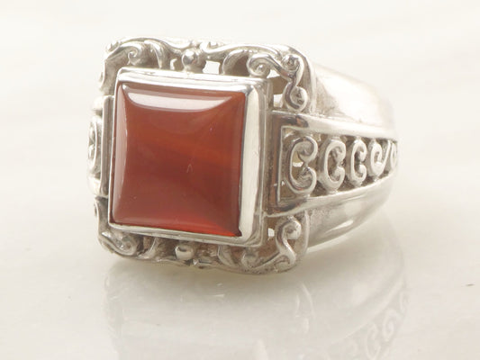 Vintage Large Sterling Silver Carnelian Ring Scroll Design Orange Stone Ring - Size 8