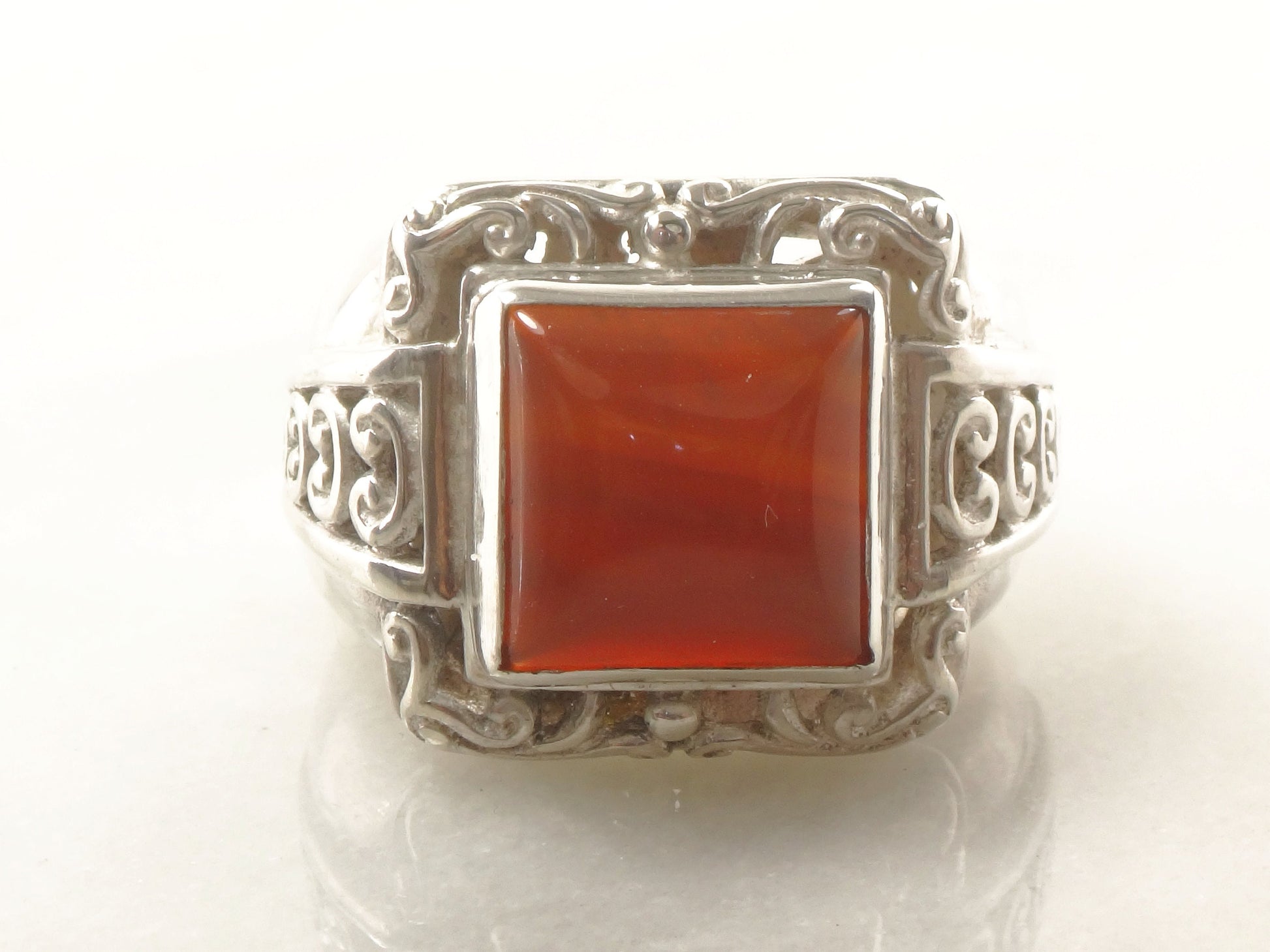 Vintage Large Sterling Silver Carnelian Ring Scroll Design Orange Stone Ring - Size 8