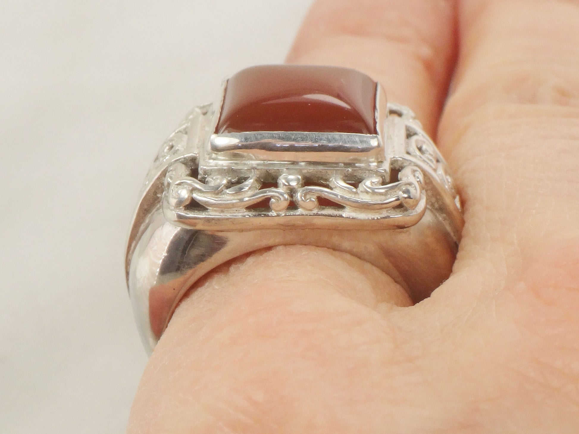 Vintage Large Sterling Silver Carnelian Ring Scroll Design Orange Stone Ring - Size 8